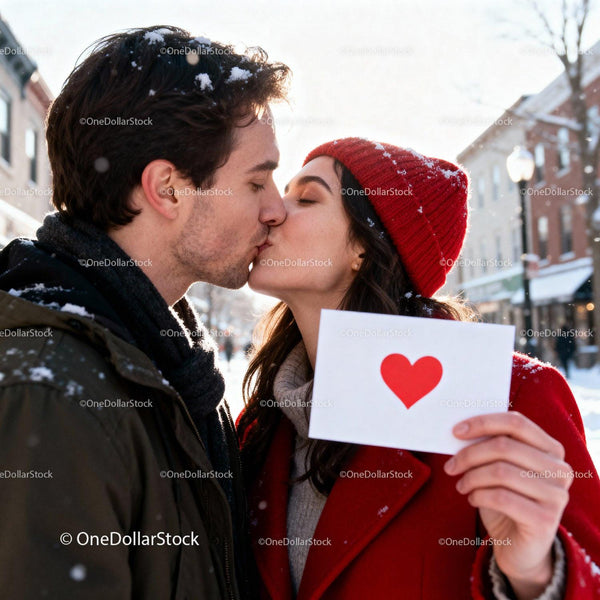 Couple sharing a tender kiss on snowy winter street