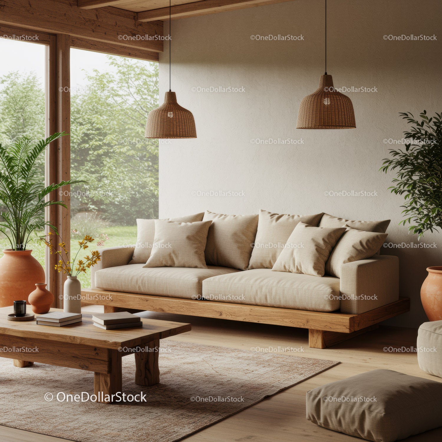 Przytulna beżowa sofa w ciepłym, naturalnym wnętrzu salonu