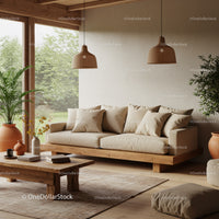 Cozy beige sofa in warm natural living room interior