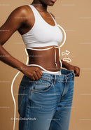 Slim Woman Measuring Waist with Tape in Casual Style