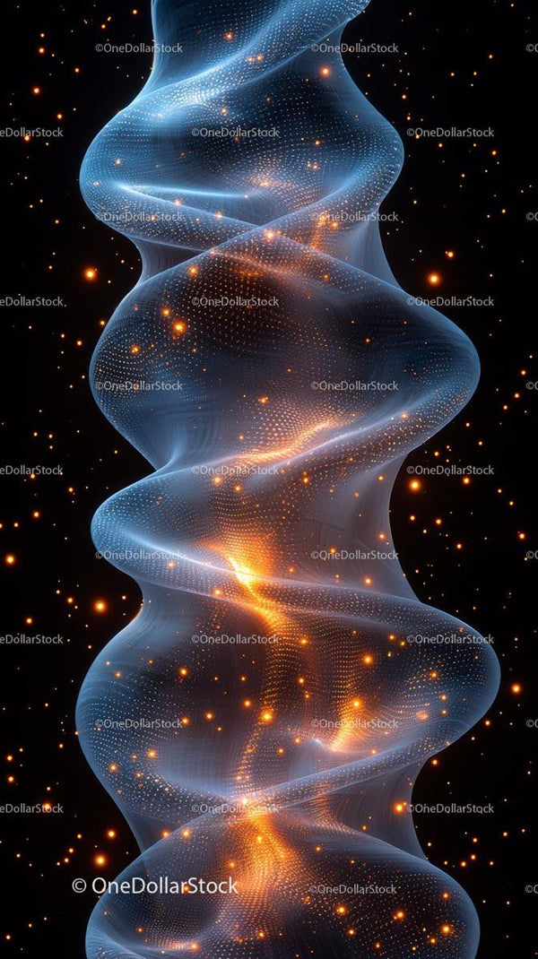 Futuristic Digital DNA Spiral with Glowing Particles in Space