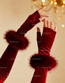 Elegant Red Velvet Fingerless Gloves with Fur Trim