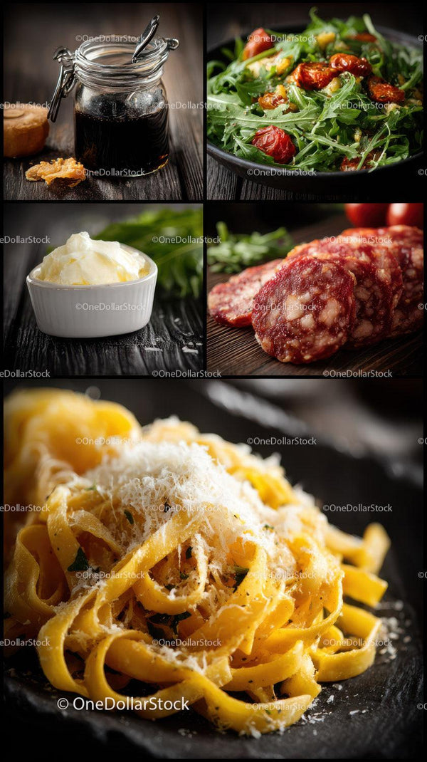 Assorted Gourmet Dishes with Fresh Vegetables and Pasta