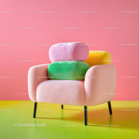 Bright Pink Armchair with Lime Green Cushion and Yellow Ottoman in Modern Living Room