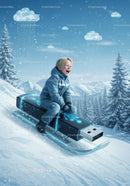 Smiling Boy Riding USB Flash Drive Sled in Snowy Mountains