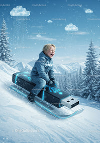 Smiling Boy Riding USB Flash Drive Sled in Snowy Mountains