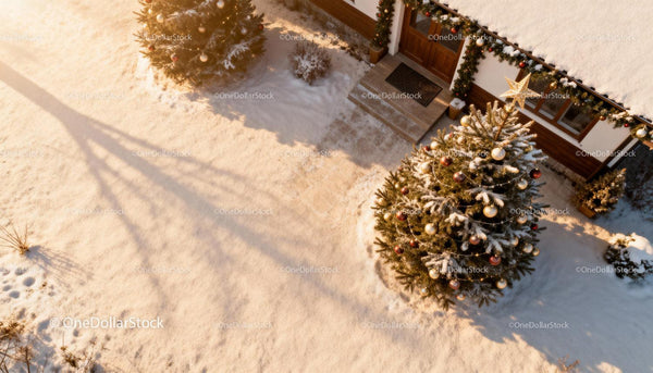Snowy Christmas Trees Decorated Outside a Cozy Home
