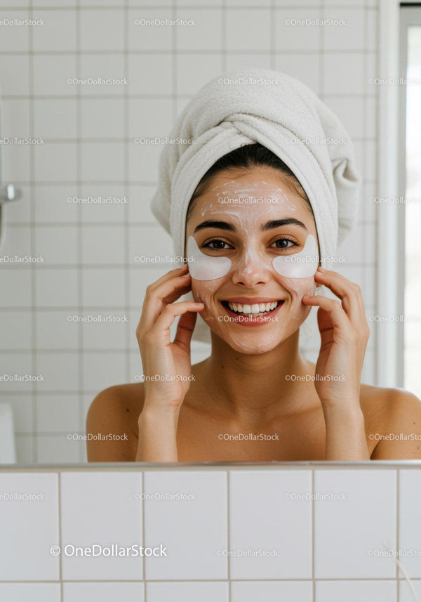 Smiling woman enjoying skincare routine at home bathroom