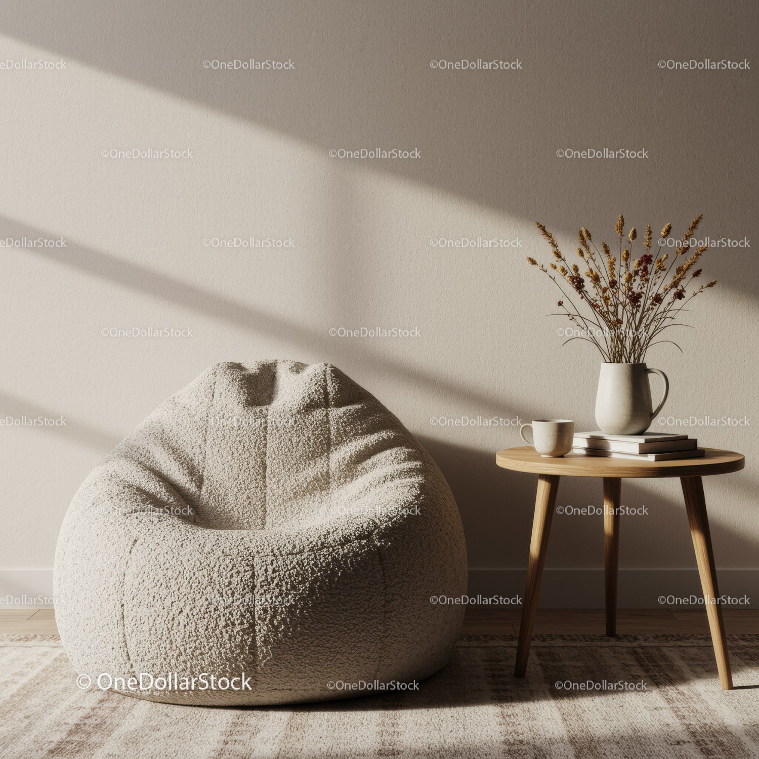 Cozy beige armchair with rustic wooden side table
