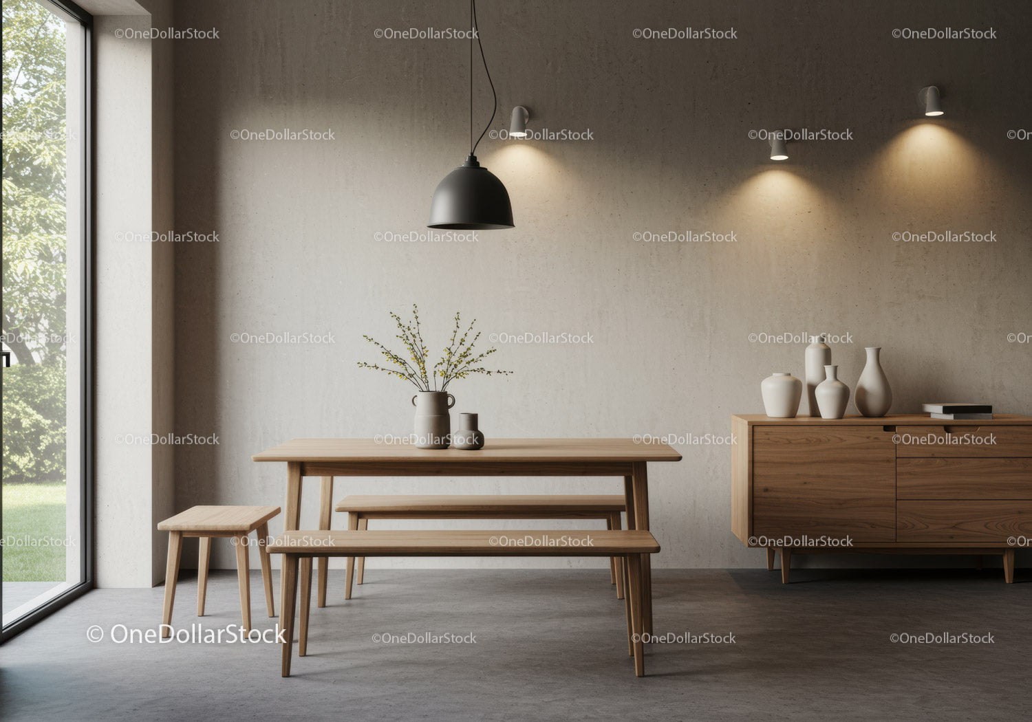 Minimalist wooden dining set in modern loft space