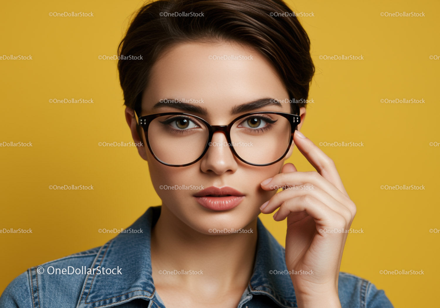 Elegant Young Woman with Glasses Portrait on Yellow Background