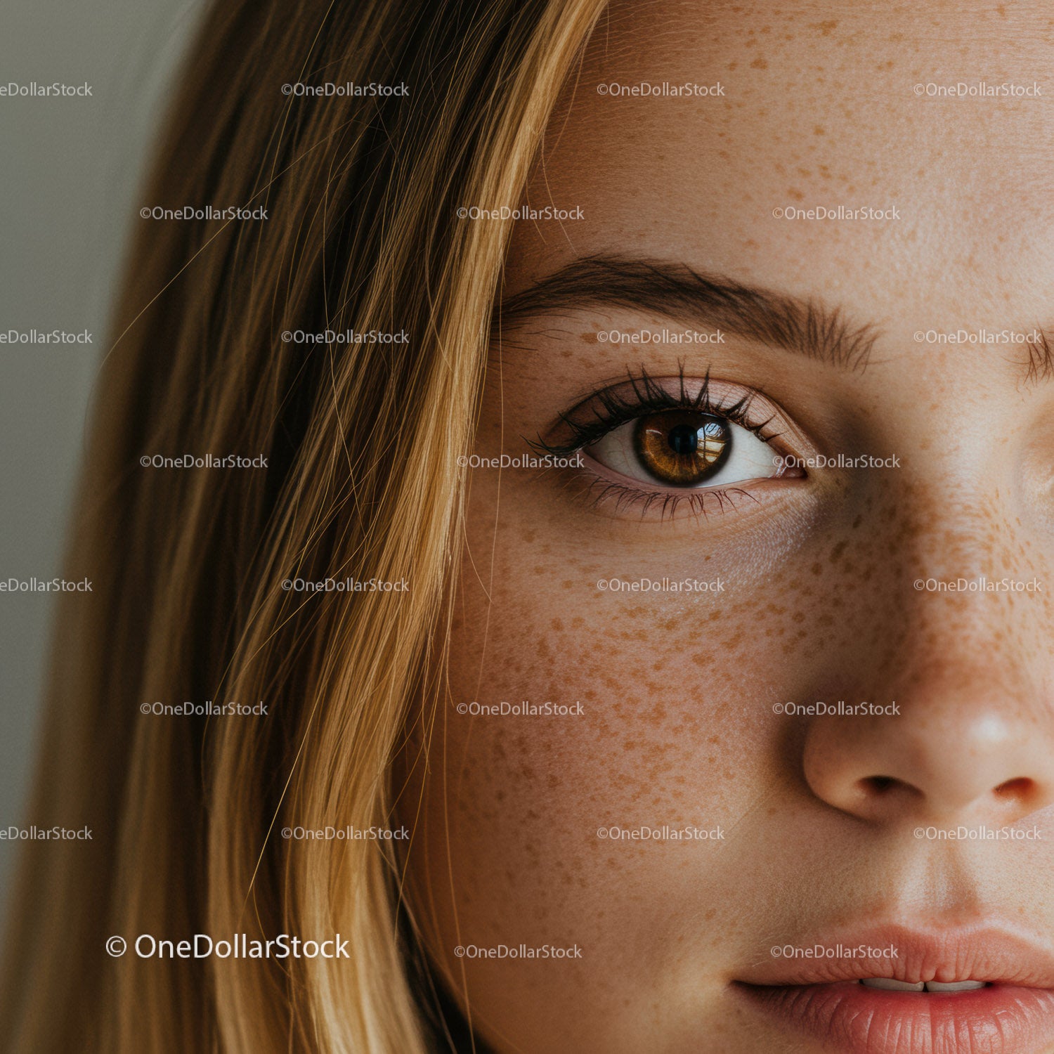 Close-up of freckled young woman with golden hair
