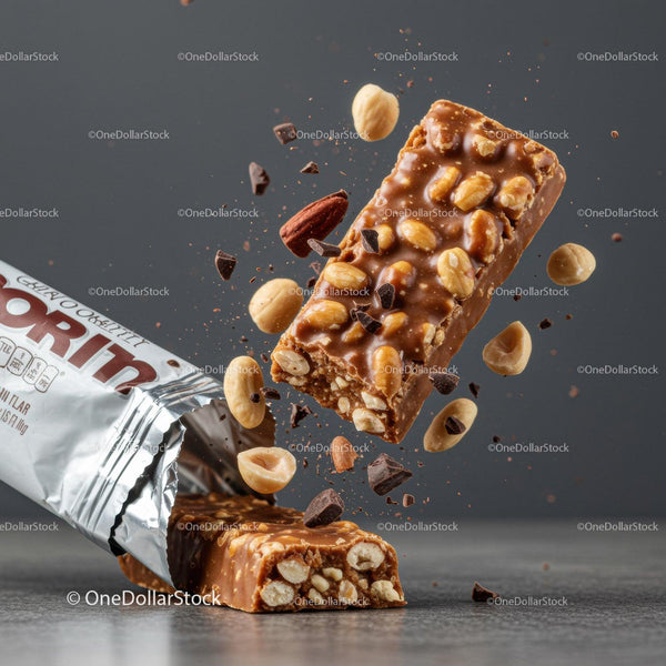 Nut and chocolate protein bar with flying ingredients