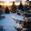 Frosty Pine Branch with Festive Lights at Sunset