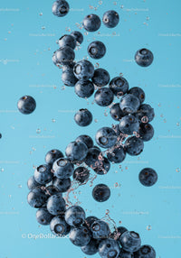 Fresh blueberries splashing in clear blue water