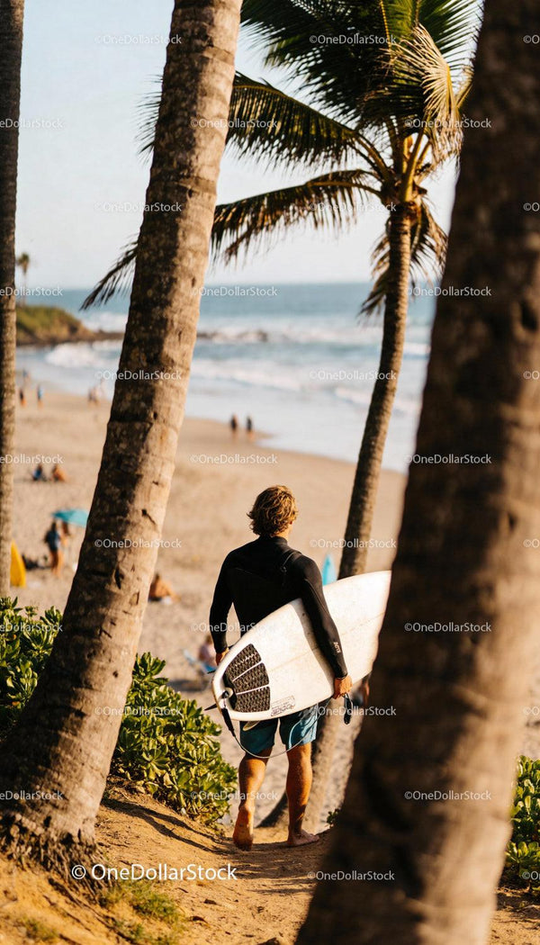 Surfer walking down beach path under palm trees
