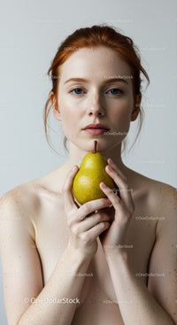 Portrait of Young Woman with Red Hair Holding Pear in Minimalist Studio