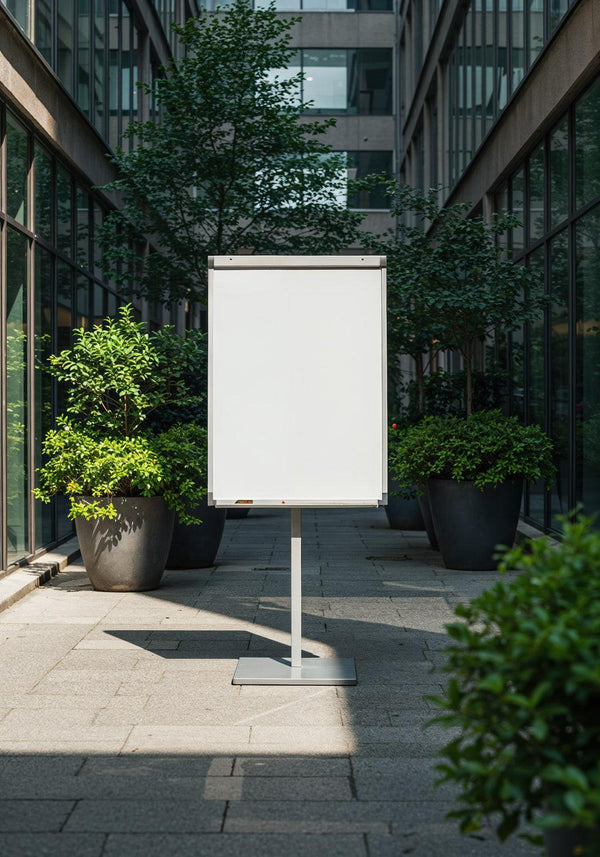 Blank whiteboard in modern courtyard with green plants JPG Mockup Image