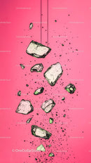 Flying Rocks and Debris on Bright Pink Background