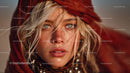 Glamorous Blonde Woman with Blue Eyes Wearing Red Scarf in Studio