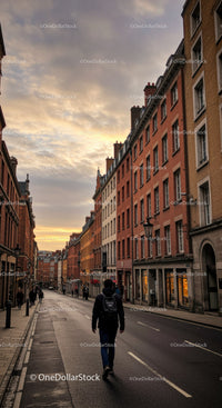 Colorful Urban Street with Walking Pedestrian and Historic Buildings