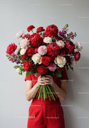 Person Holding Large Bouquet of Red and White Flowers