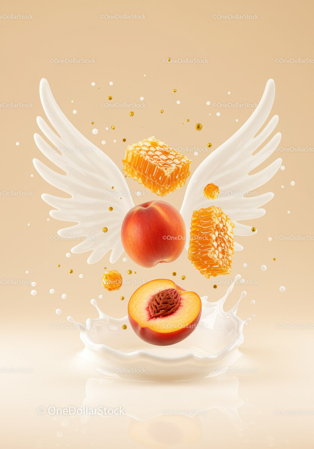 Peach with honeycomb and milk splash wings creative concept