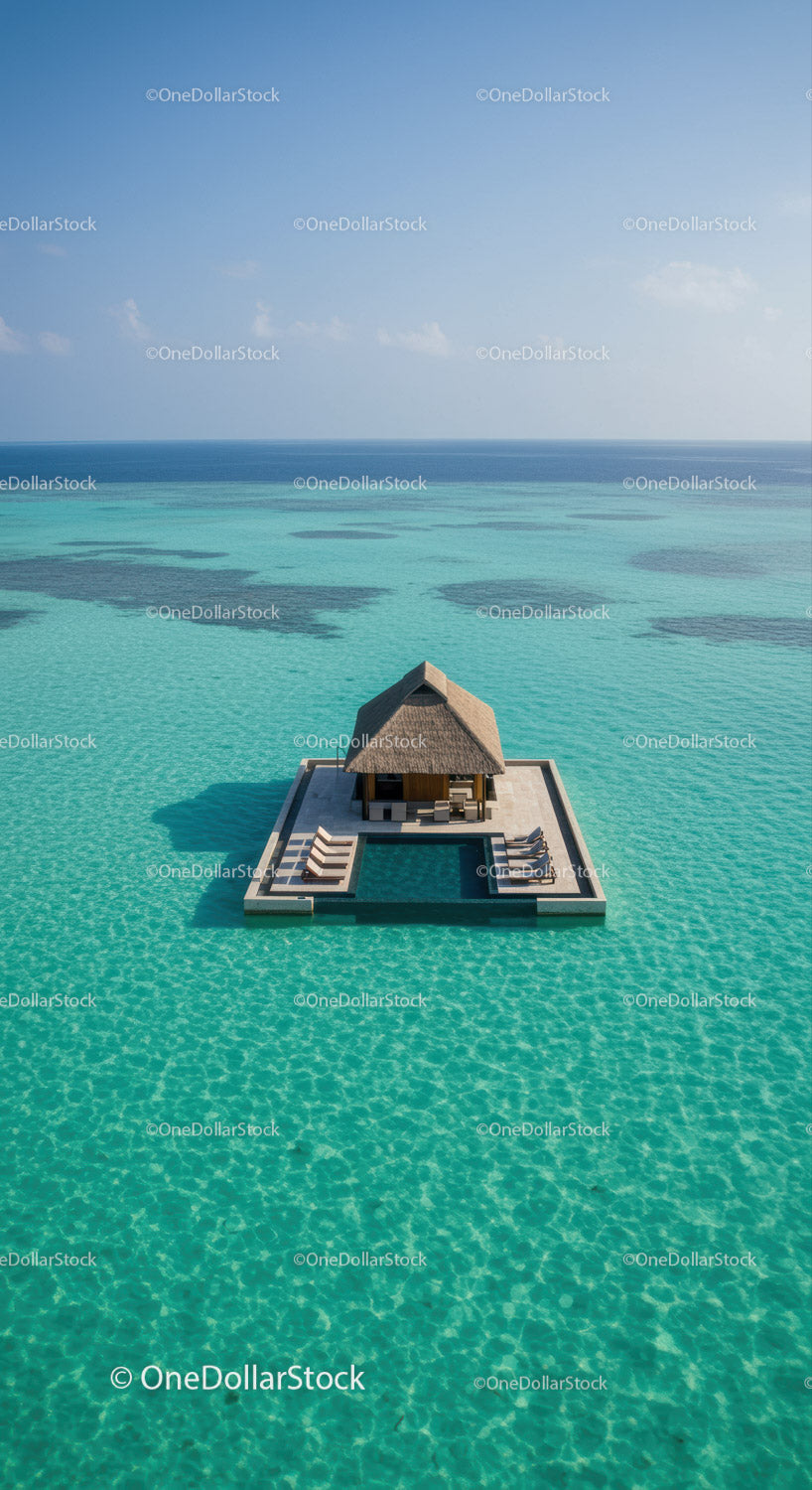 Overwater Villa with Private Pool in Turquoise Ocean Under Blue Sky