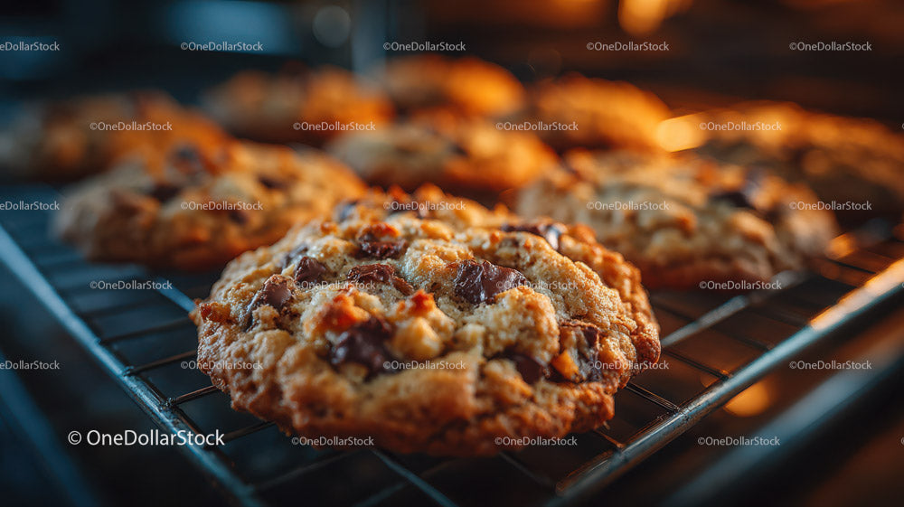 Freshly Baked Chocolate Chip Cookies on Oven Rack
