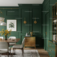 Luxurious Dining Room with Green Wall Panels and Gold Accents