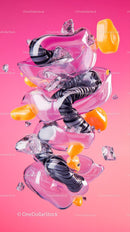 Colorful Glass Art Sculpture with Ice Cubes on Pink Background
