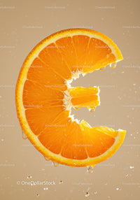 Fresh orange slice with dripping juice on beige background