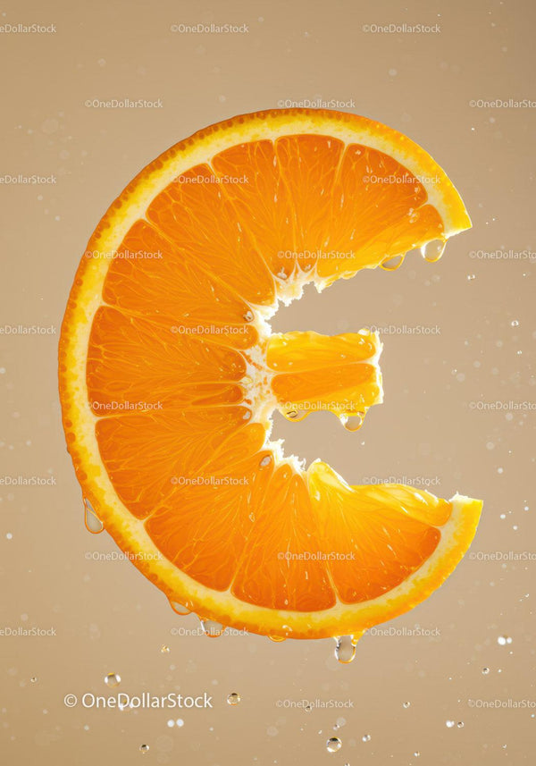 Fresh orange slice with dripping juice on beige background