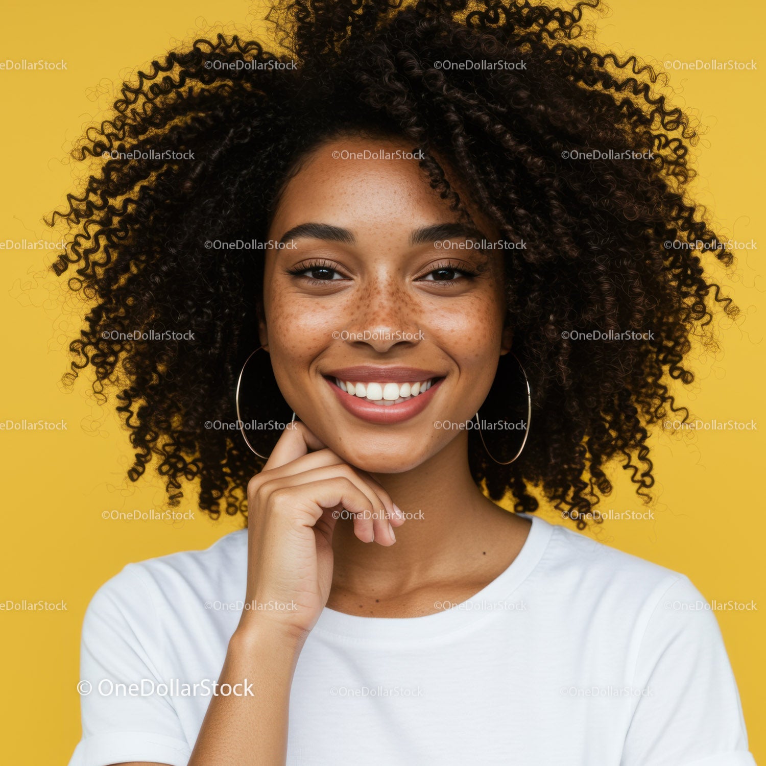 Smiling Woman with Curly Hair and Bright Background