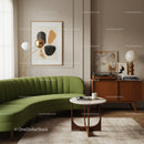 Modern Living Room with Green Curved Sofa and Mid-Century Decor