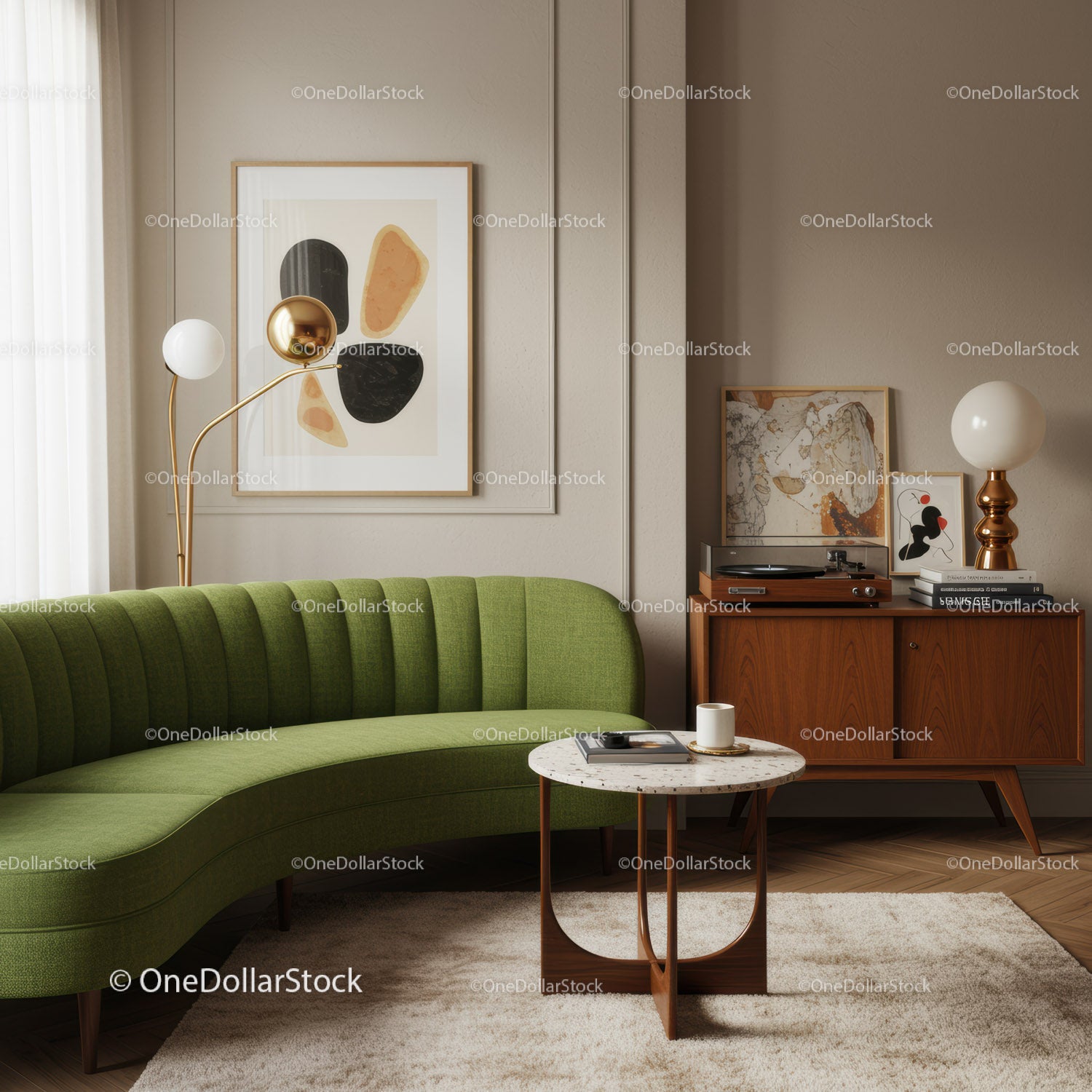 Nowoczesny salon z zieloną, zakrzywioną sofą i wystrojem w stylu Mid-Century