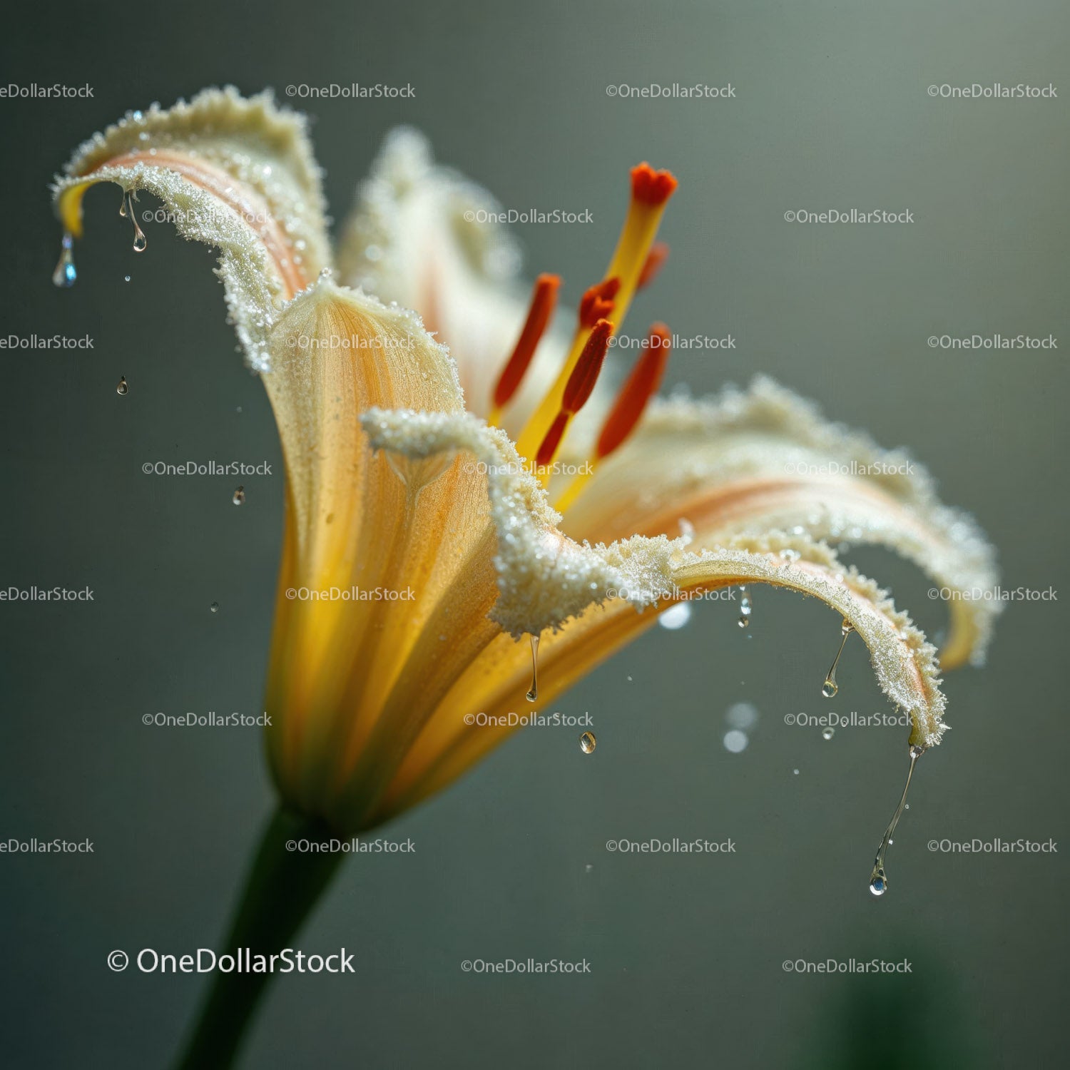 Yellow Lily Flower with Dew Drops in Close-Up Macro Photography