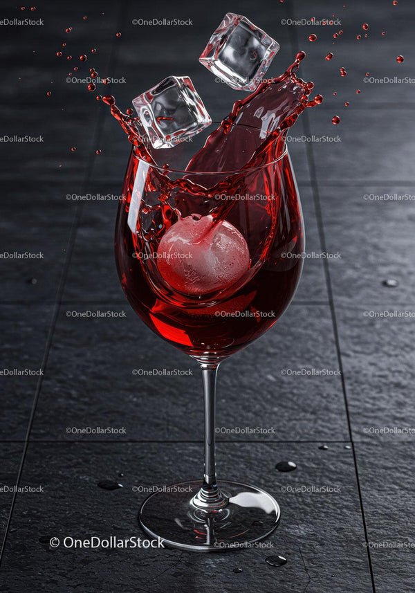 Red drink splashing with ice cubes in wine glass