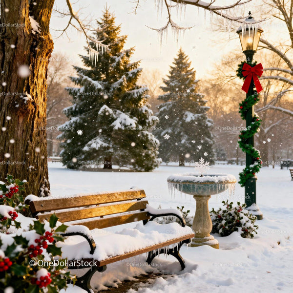 Snow-covered bench and lamp post in peaceful winter park