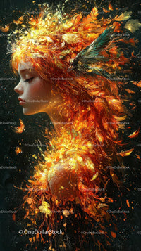 Enchanting Woman with Fiery Red Hair and Gold Leaves Surrounded by Magic