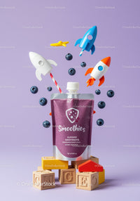 Berry smoothie pouch with floating blueberries and rockets