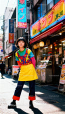 Young woman in colorful outfit posing on urban street