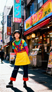 Young woman in colorful outfit posing on urban street