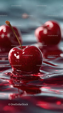 Close-up of Red Juicy Cherries with Reflections on Water Surface