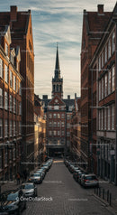 Charming Historic Brick Buildings and Church Steeple in European City
