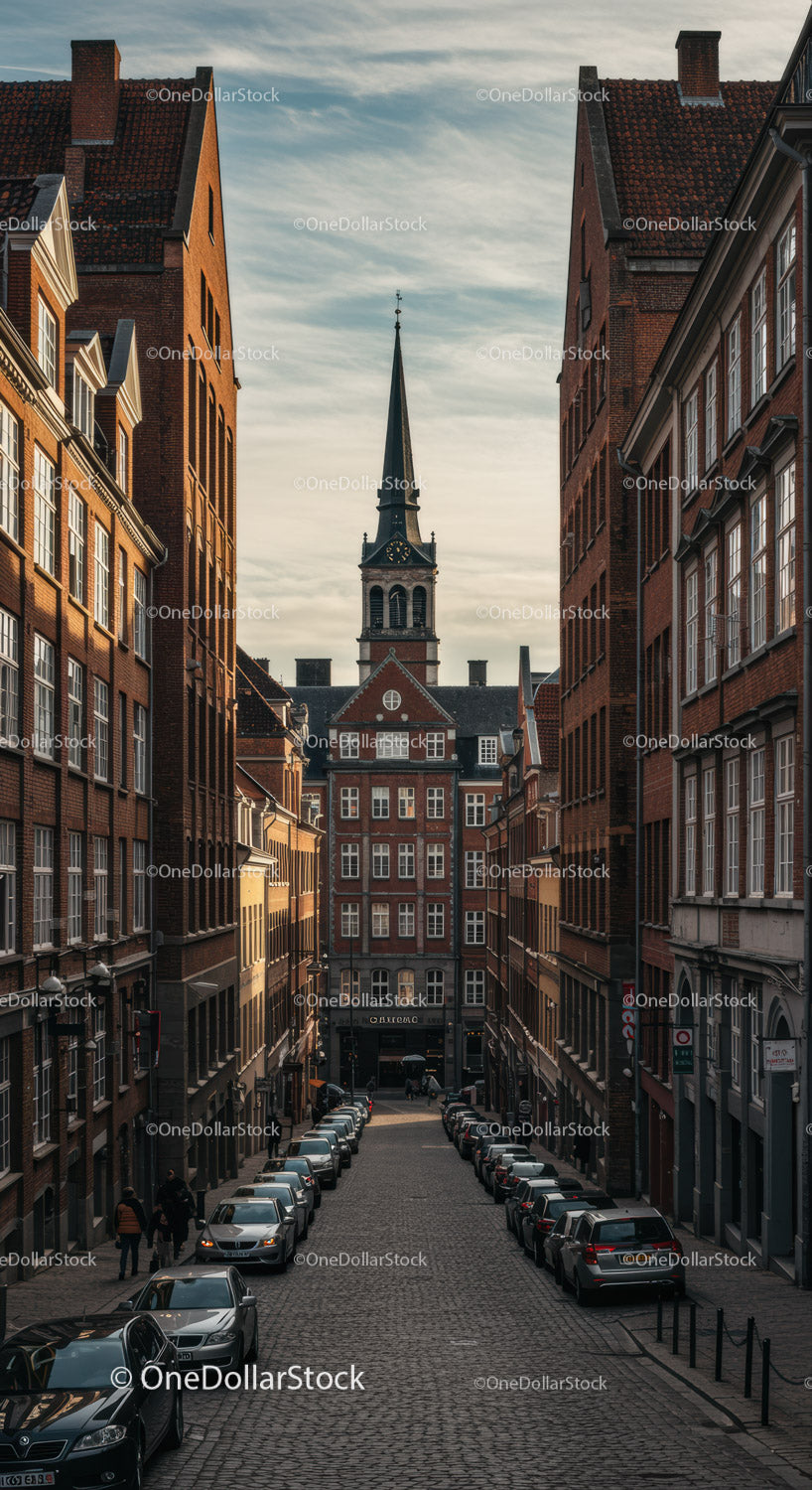 Charming Historic Brick Buildings and Church Steeple in European City