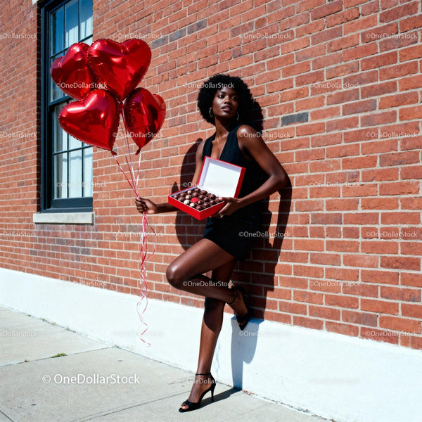 Elegant woman holding heart balloons and chocolates outdoors