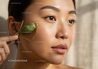 Close-Up of Woman Using Jade Roller for Facial Skincare Routine