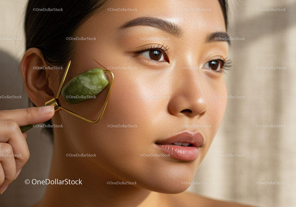 Close-Up of Woman Using Jade Roller for Facial Skincare Routine