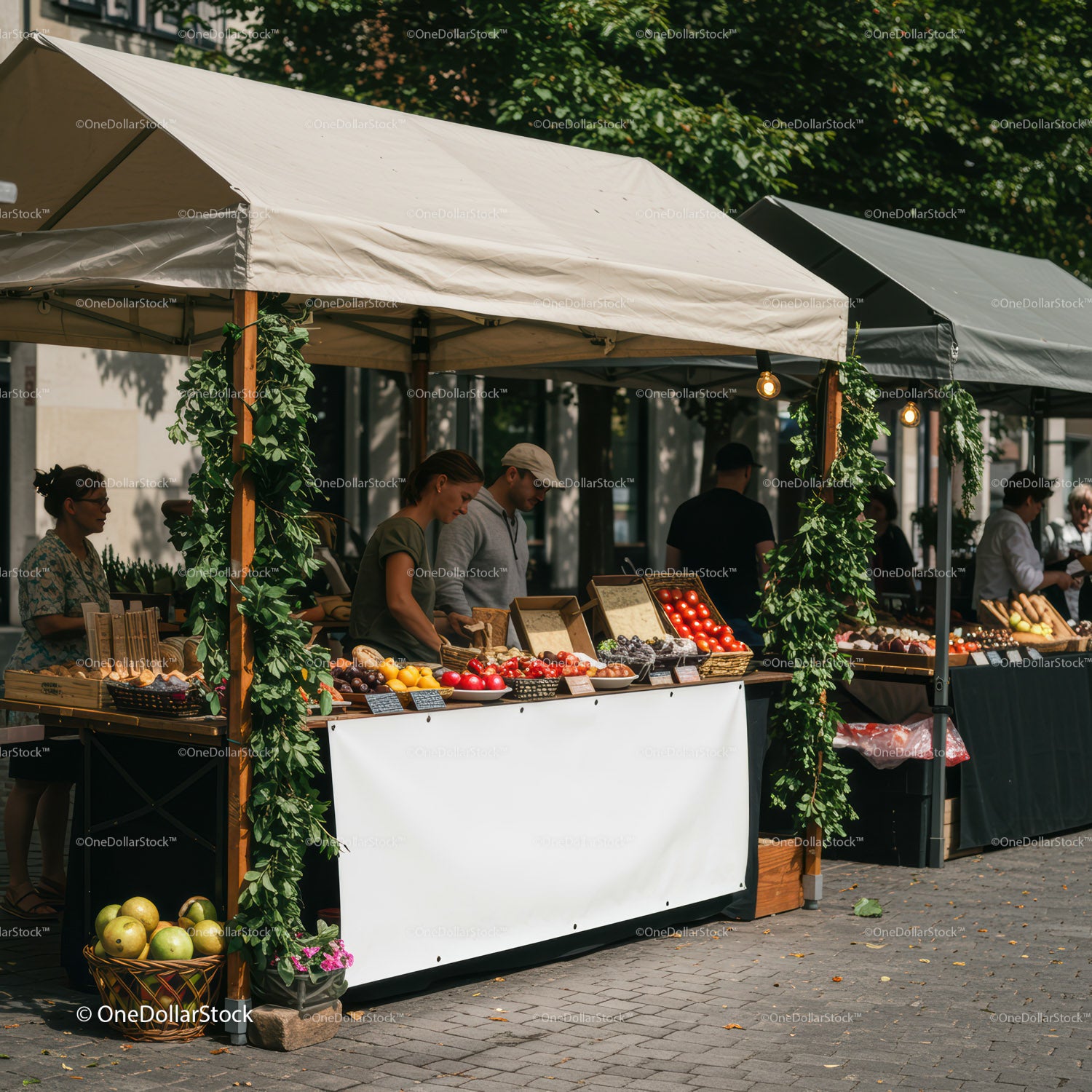 Outdoor Market Stalls with Fresh Fruits and Vegetables